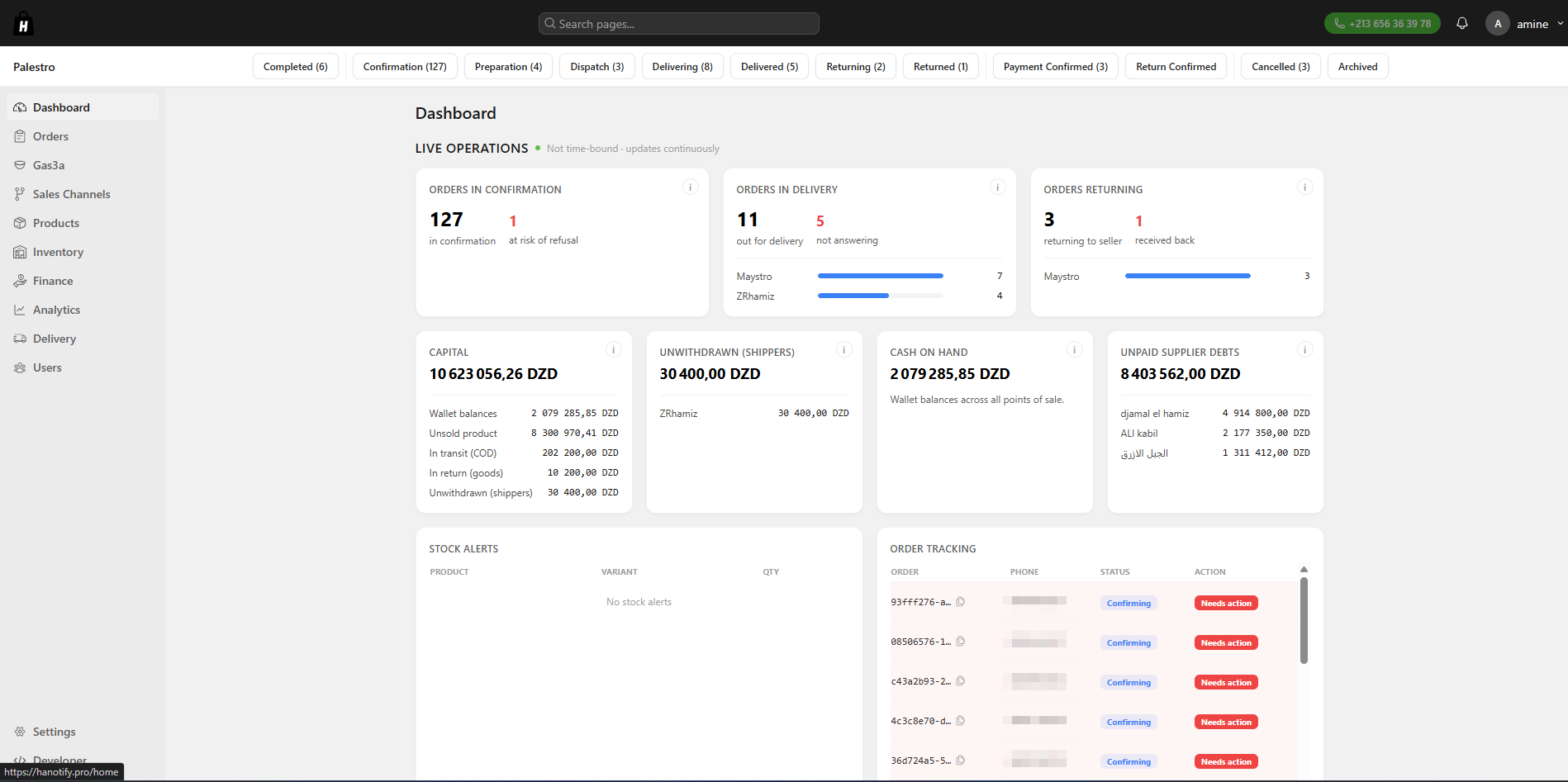 Tableau de bord Hanotify Pro : commandes en confirmation, en livraison, en retour, capital et caisses