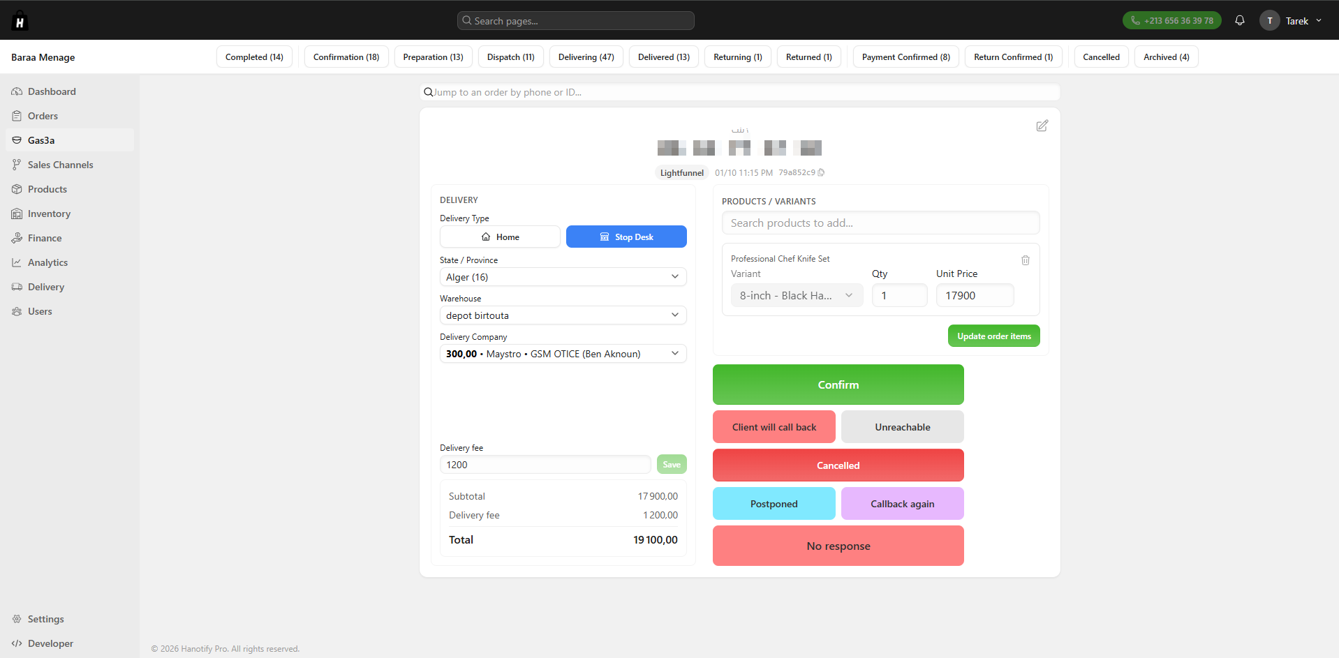 Cockpit de confirmation : numéro du client, livraison, produits et boutons de résultat d'appel