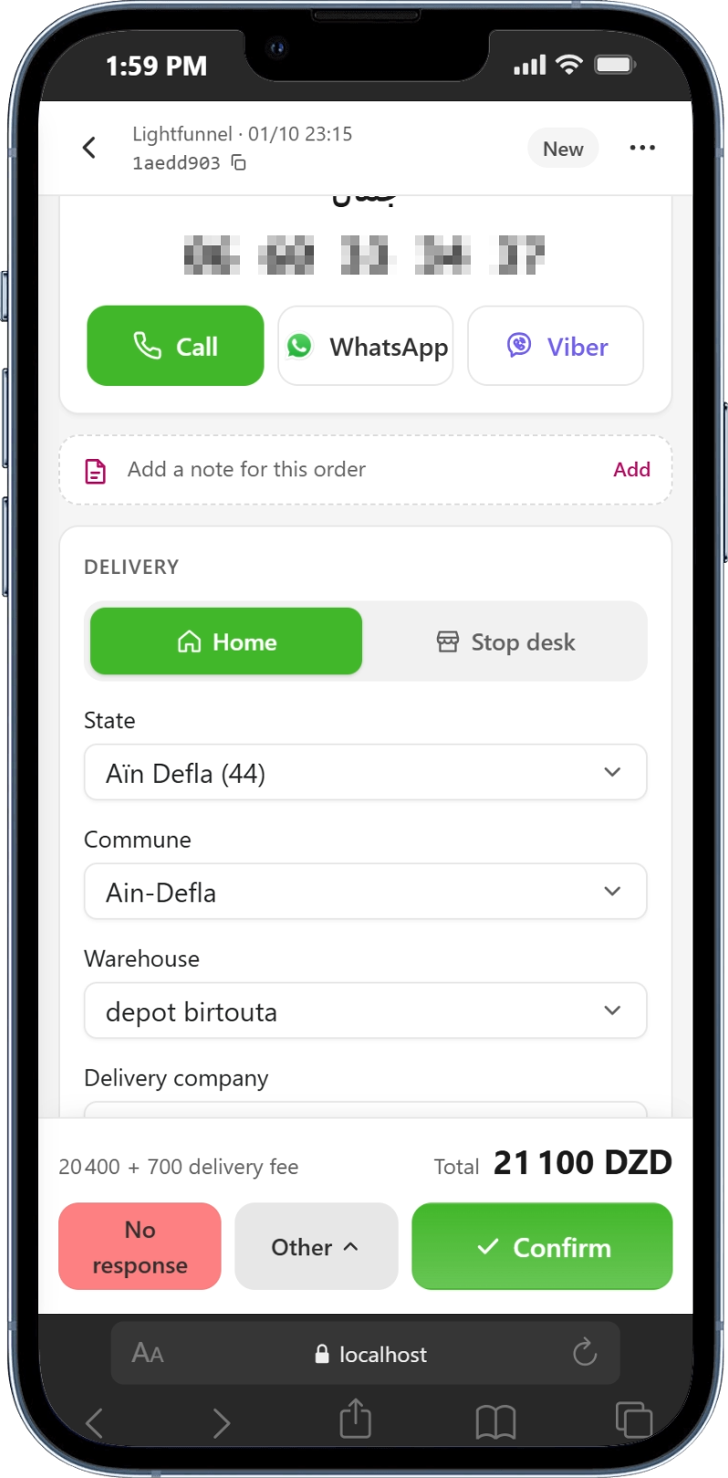 Confirmation sur mobile avec boutons Appel, WhatsApp et Viber