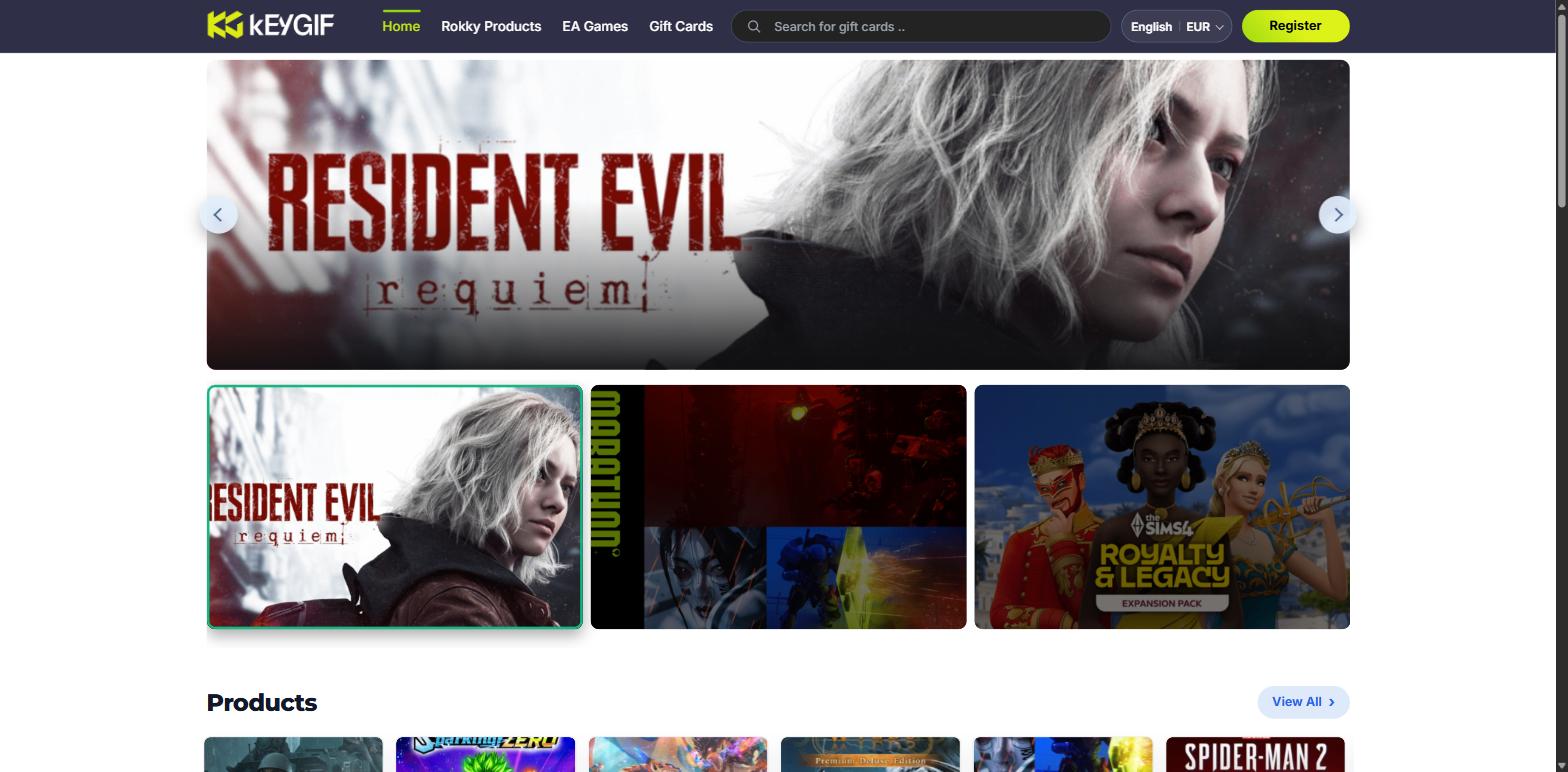 Page d'accueil de la boutique KeyGif avec les jeux mis en avant