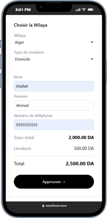 Formulaire de commande en paiement à la livraison